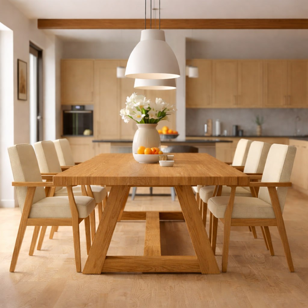 Handcrafted Solid Oak Scandinavian Dining Table, Minimal Modern Kitchen Table