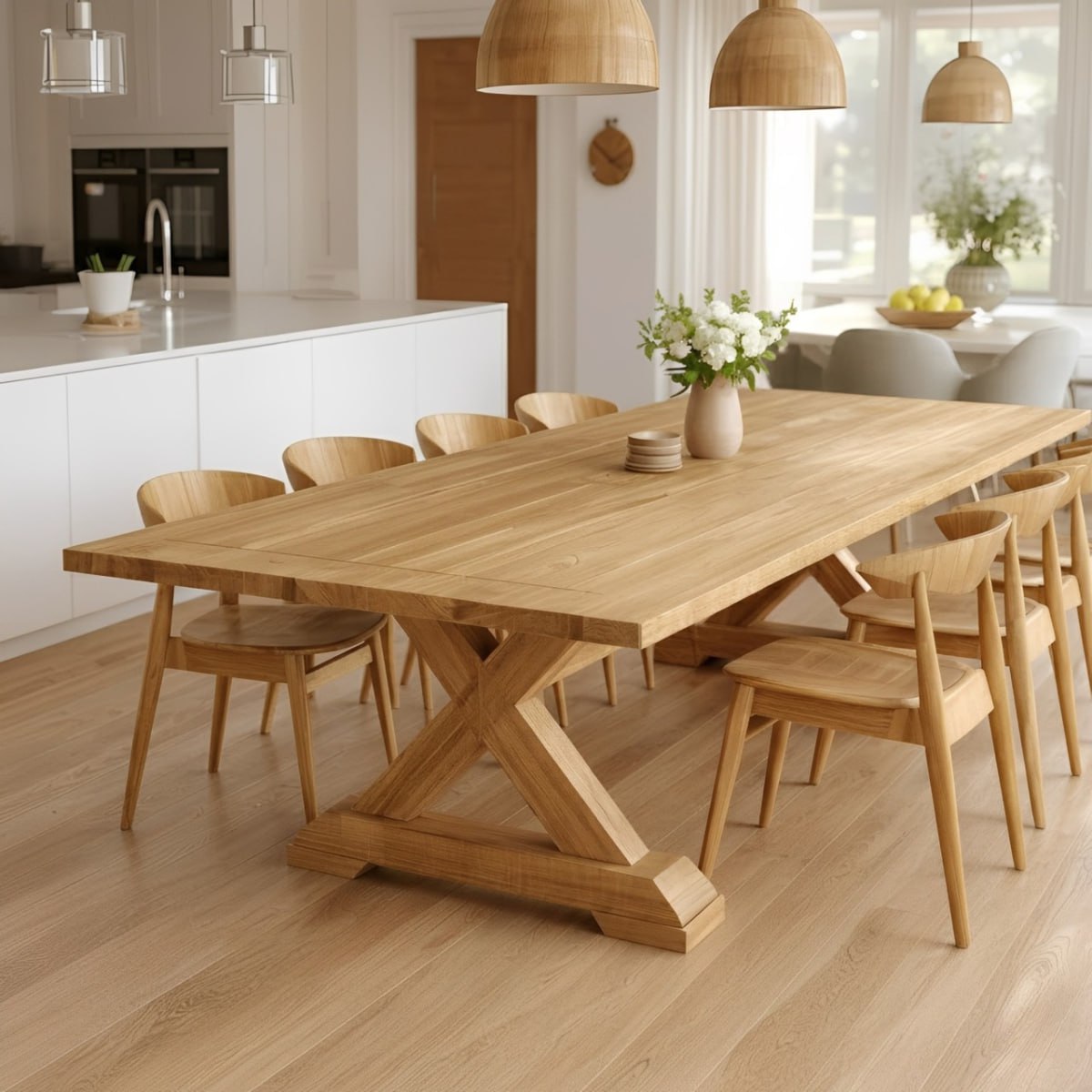 Handcrafted Solid Oak X Leg Dining Table Scandinavian Farmhouse Kitchen Table