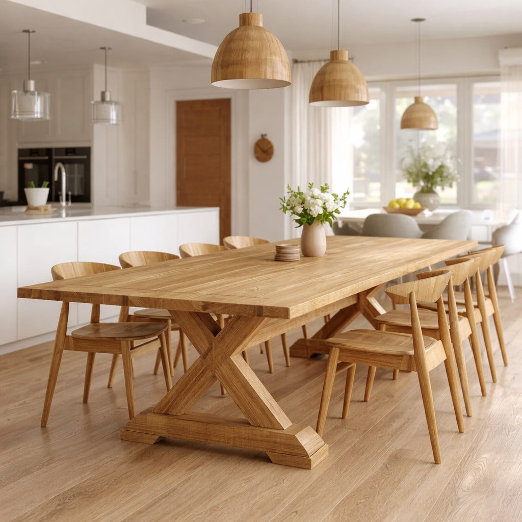 Handcrafted Solid Oak X Leg Dining Table Scandinavian Farmhouse Kitchen Table