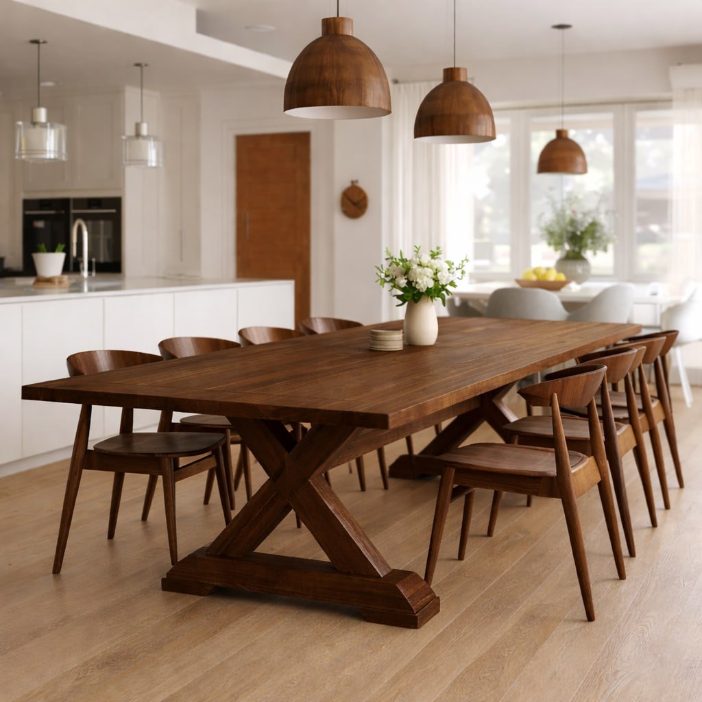 Handcrafted Solid Oak X Leg Dining Table Scandinavian Farmhouse Kitchen Table