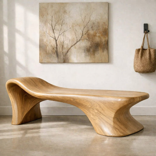 Sculptural Wooden Bench, Modern Curved Entryway Seat, Artistic Statement Accent Furniture Piece