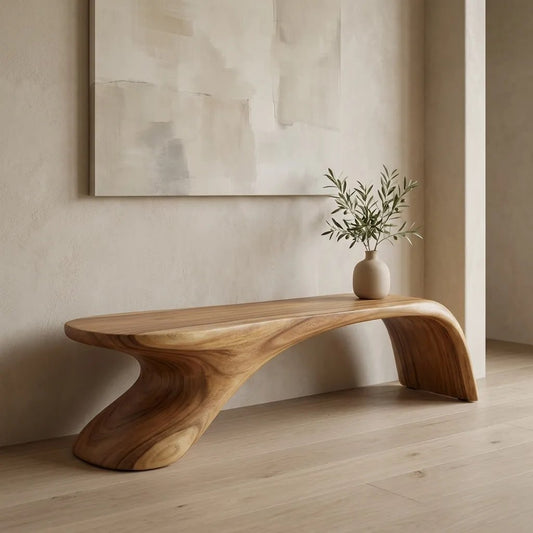 Sculptural Wooden Bench, Modern Curved Accent Seat, Minimalist Entryway Statement Furniture Piece