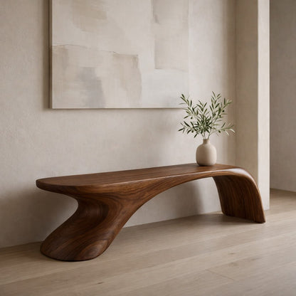 Sculptural Wooden Bench, Modern Curved Accent Seat, Minimalist Entryway Statement Furniture Piece