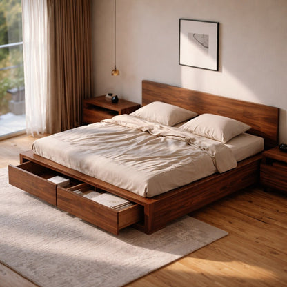Modern Platform Bed with Storage Drawers, Minimalist Wooden Bed Frame for Bedroom Home Decor