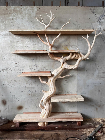 Handcrafted Solid Wood Tree Room Divider Bookshelf with Floating Shelves