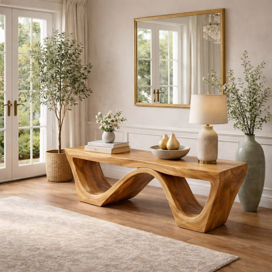 Solid Wood Entryway Bench with Sculptural Wave Base and Organic Curved Design