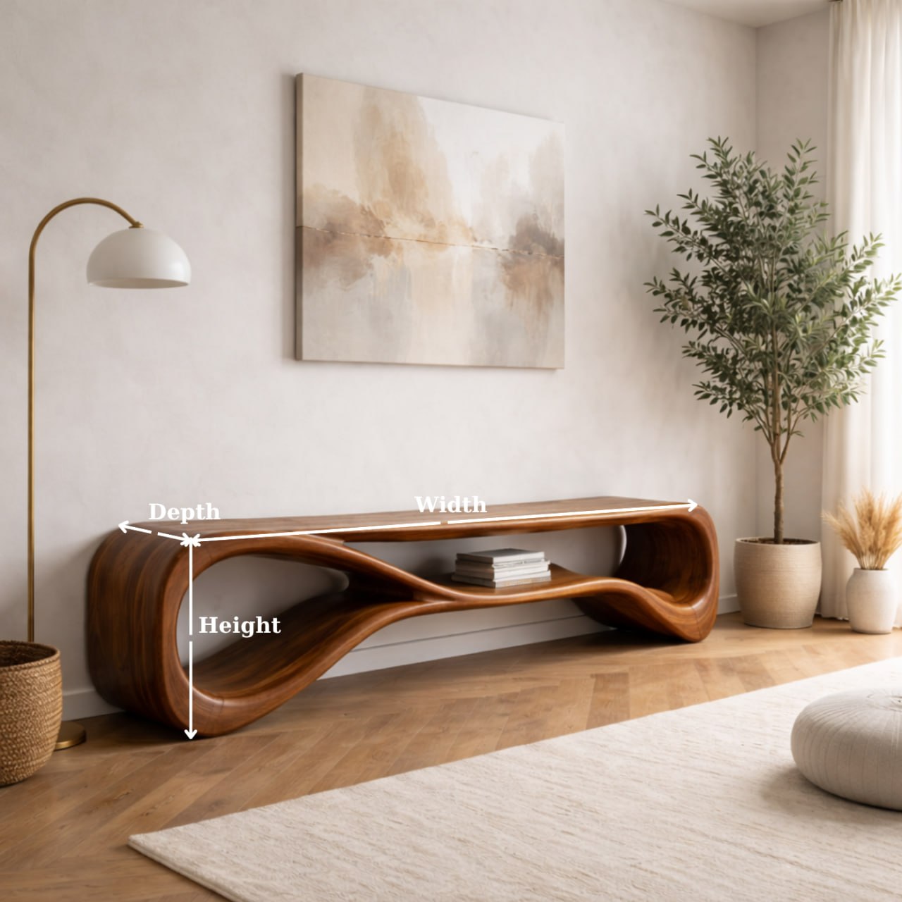 Solid Wood Entryway Bench with Sculptural Wave Design and Open Shelf Storage