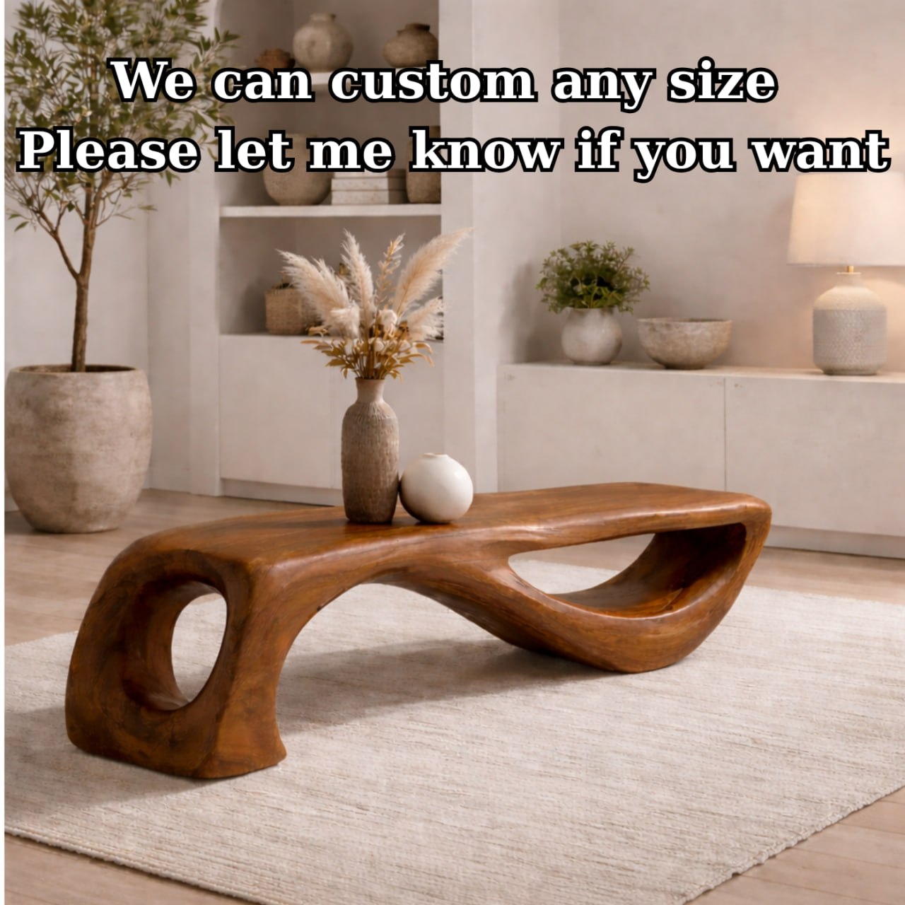 Solid Wood Sculptural Bench with Organic Curved Base and Hand-Carved Flowing Design