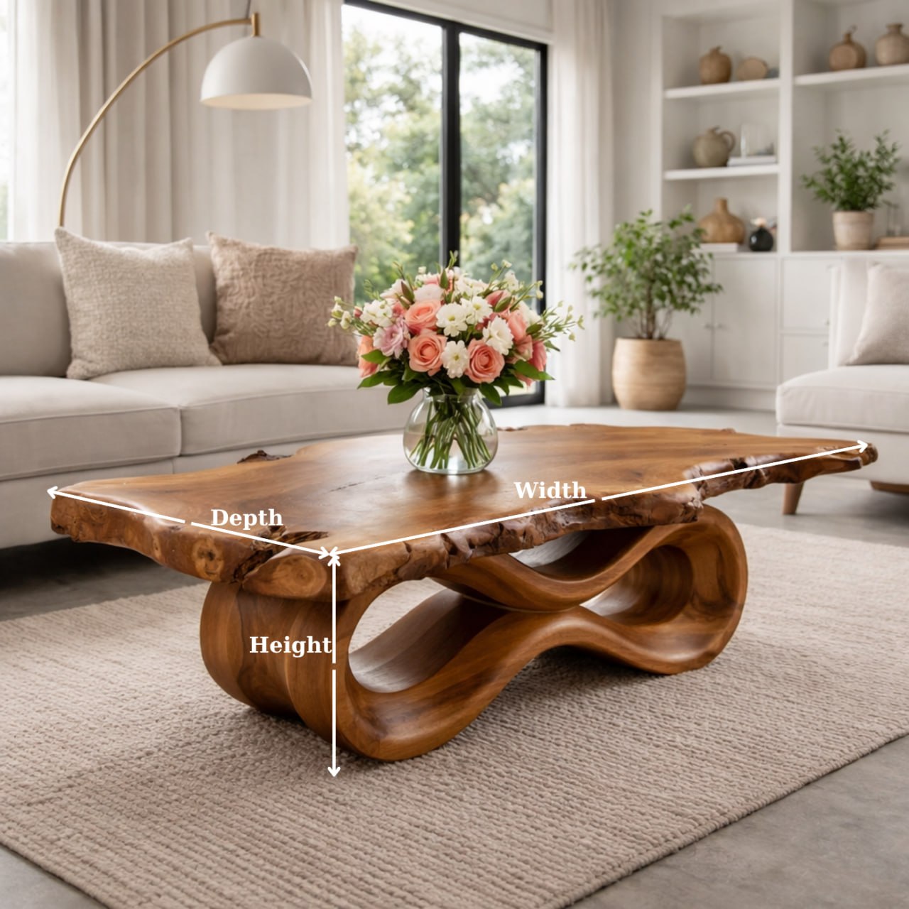 Solid Wood Live Edge Coffee Table with Sculptural Wave Base and Organic Design