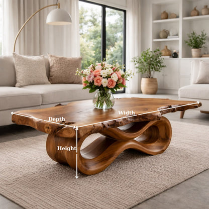 Solid Wood Live Edge Coffee Table with Sculptural Wave Base and Organic Design