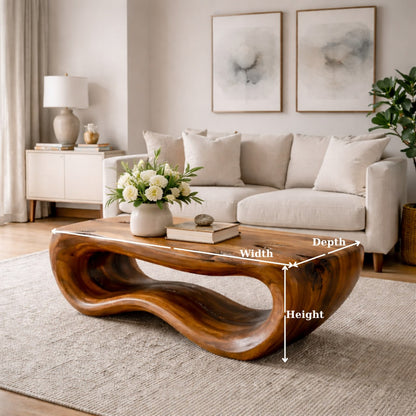 Solid Wood Coffee Table with Sculptural Wave Base and Organic Hand-Carved Design