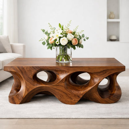 Solid Wood Coffee Table with Sculptural Hollow Base and Organic Carved Design