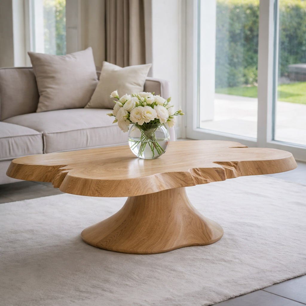 Solid Wood Live Edge Coffee Table with Sculptural Pedestal Base and Organic Form