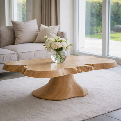 Solid Wood Live Edge Coffee Table with Sculptural Pedestal Base and Organic Form