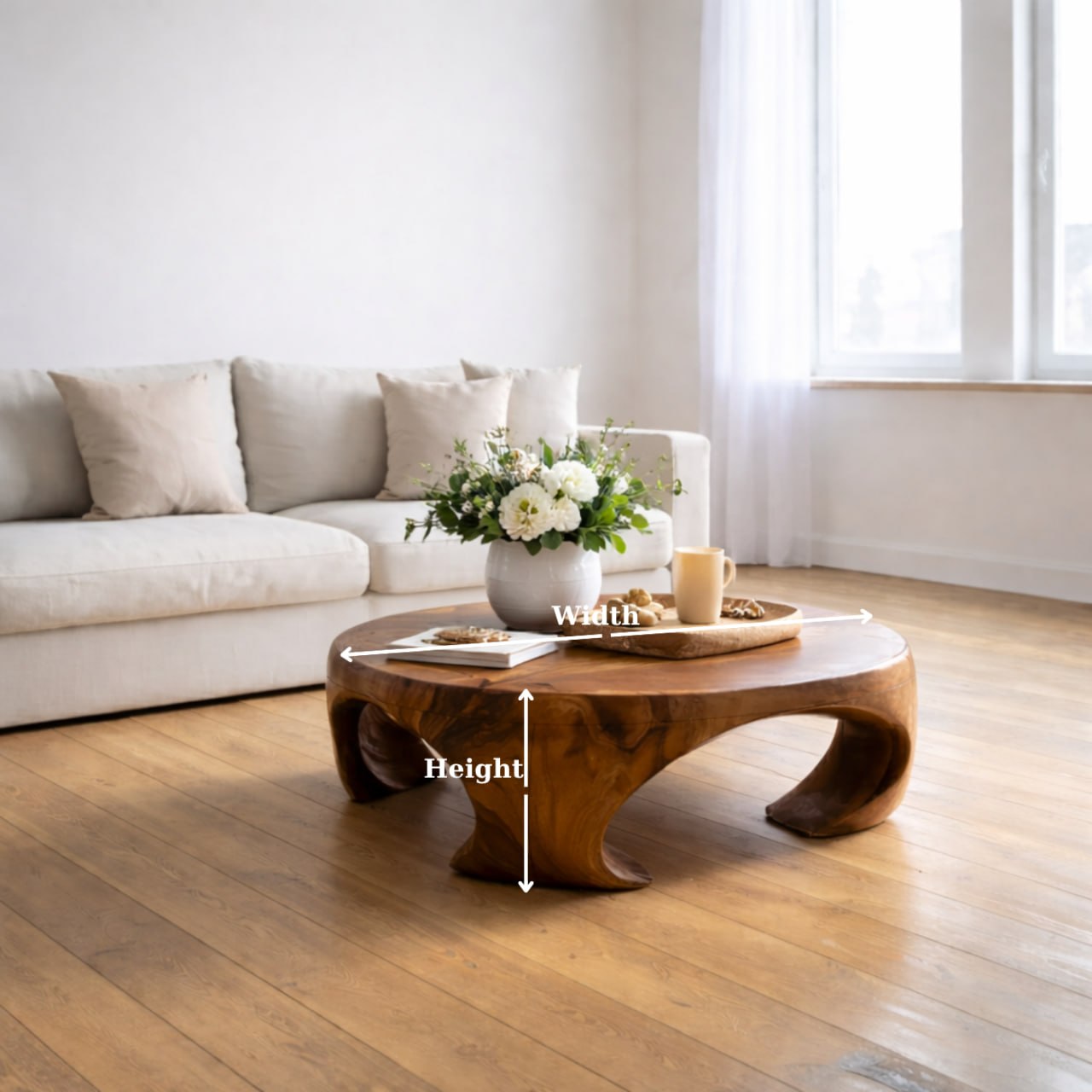 Solid Wood Round Coffee Table with Sculptural Curved Base and Organic Design