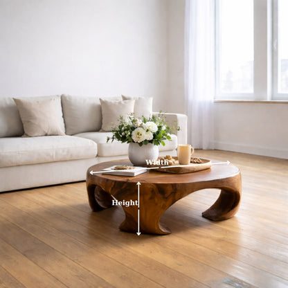 Solid Wood Round Coffee Table with Sculptural Curved Base and Organic Design