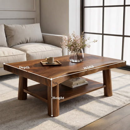 Solid Wood Coffee Table with Lower Shelf and Curved Edge Top Design