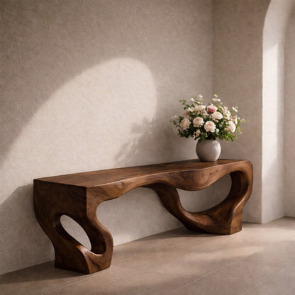 Solid Wood Entryway Bench with Sculptural Organic Base