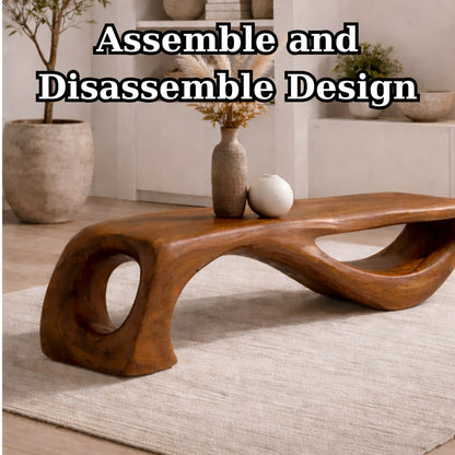 Solid Wood Sculptural Bench with Organic Curved Base and Hand-Carved Flowing Design