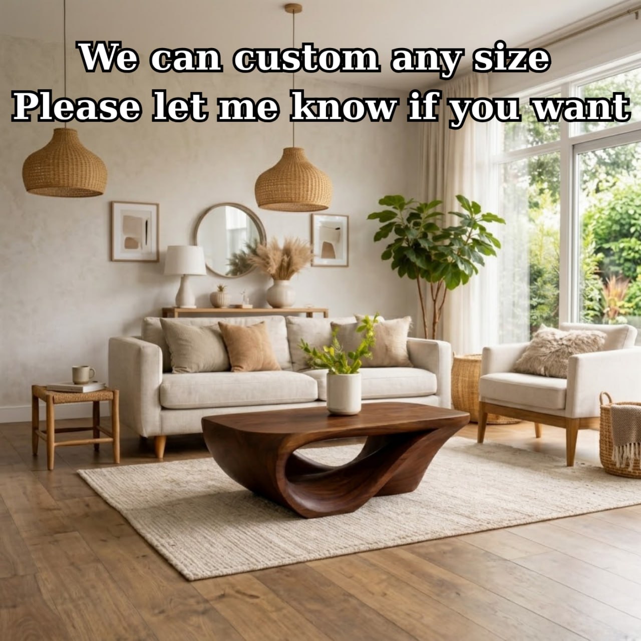 Solid Wood Coffee Table with Sculptural Organic Base and Hand-Carved Curved Design