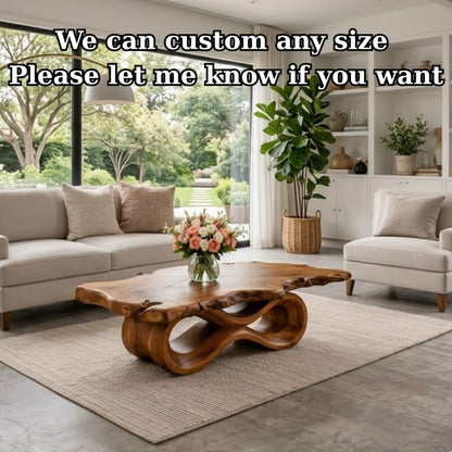 Solid Wood Live Edge Coffee Table with Sculptural Wave Base and Organic Design