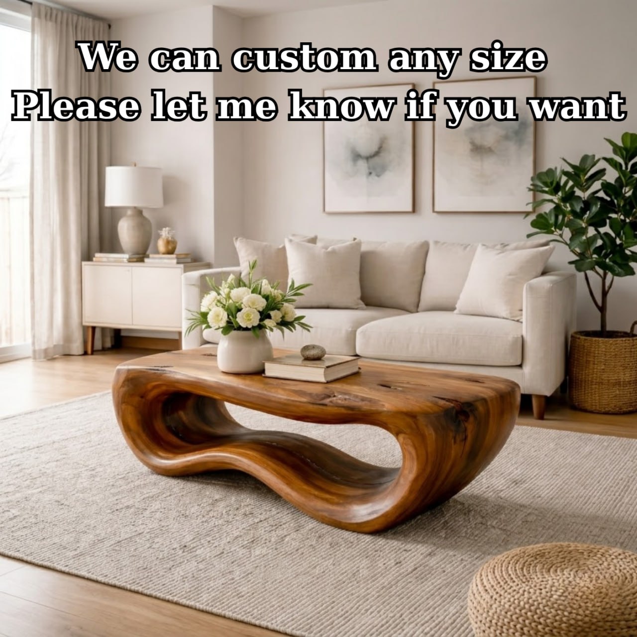 Solid Wood Coffee Table with Sculptural Wave Base and Organic Hand-Carved Design