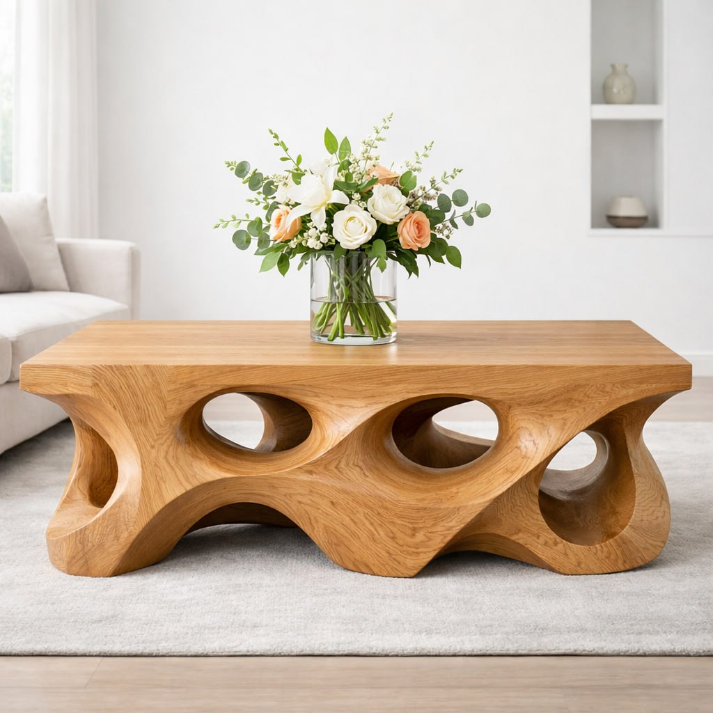 Solid Wood Coffee Table with Sculptural Hollow Base and Organic Carved Design