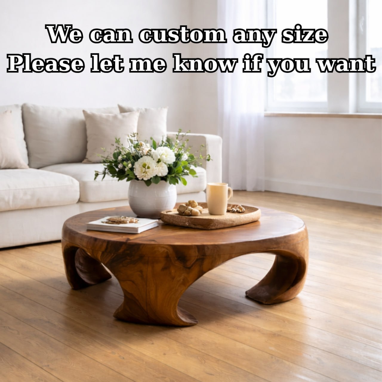 Solid Wood Round Coffee Table with Sculptural Curved Base and Organic Design