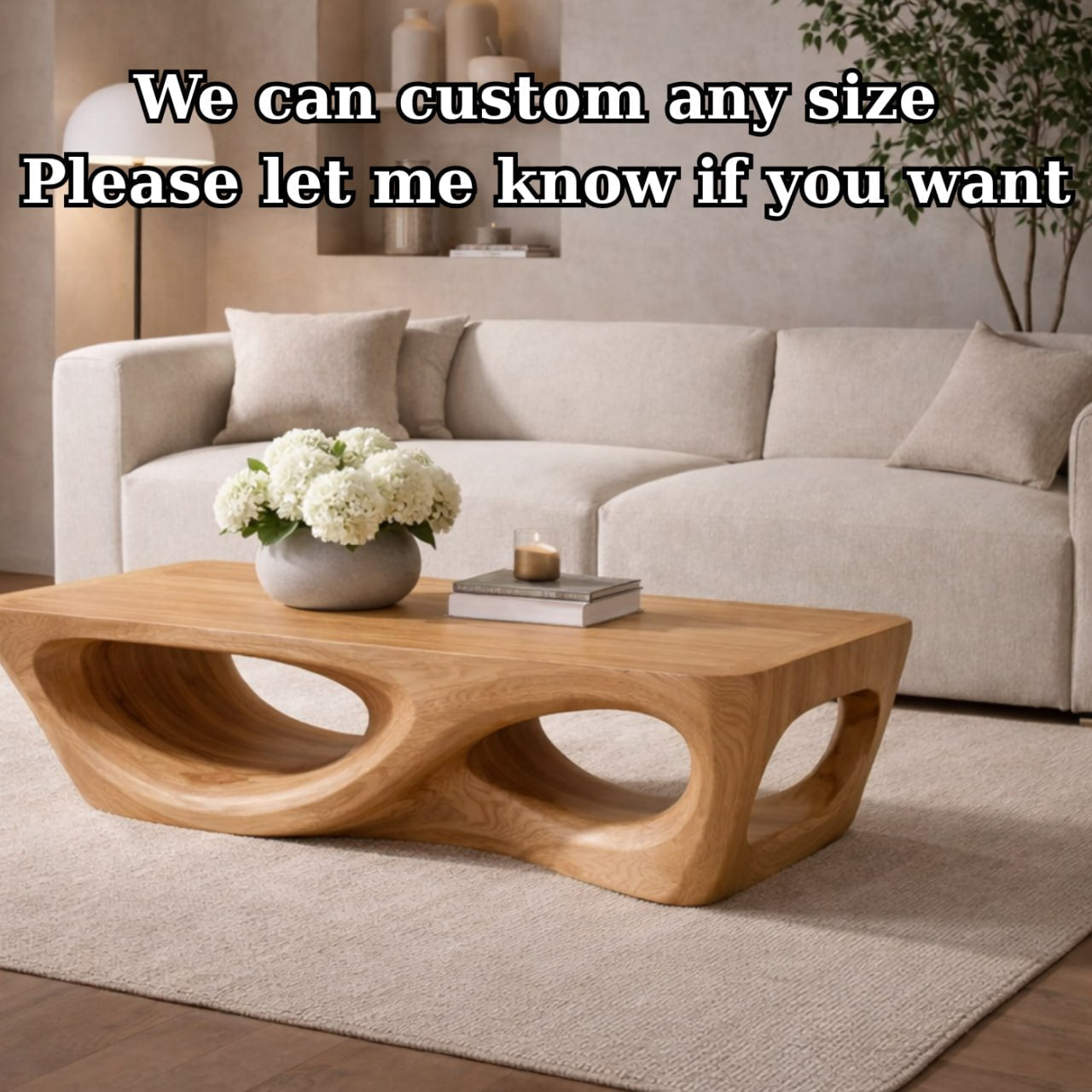 Solid Wood Coffee Table with Sculptural Hollow Base and Organic Curved Design