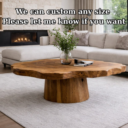 Solid Wood Live Edge Coffee Table with Round Pedestal Base and Natural Grain