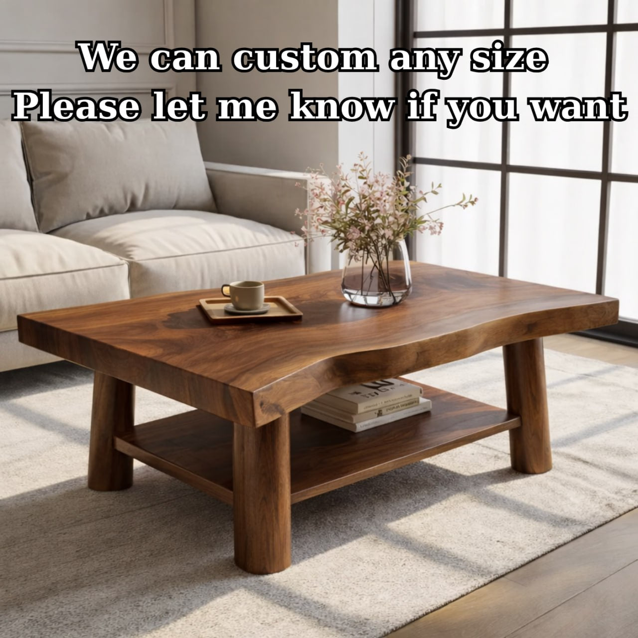 Solid Wood Coffee Table with Lower Shelf and Curved Edge Top Design