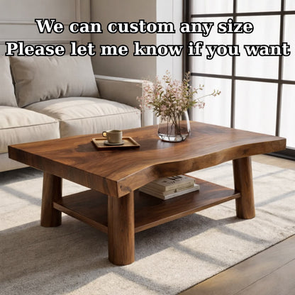 Solid Wood Coffee Table with Lower Shelf and Curved Edge Top Design