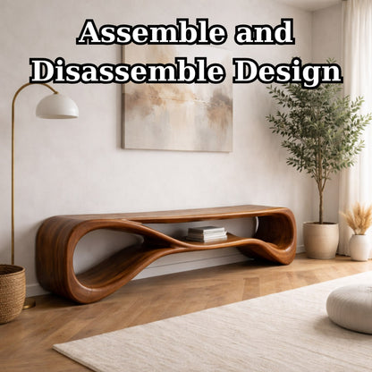 Solid Wood Entryway Bench with Sculptural Wave Design and Open Shelf Storage
