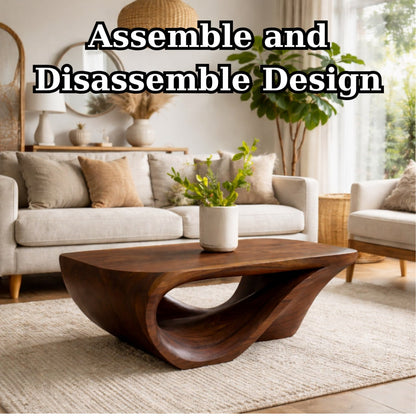 Solid Wood Coffee Table with Sculptural Organic Base and Hand-Carved Curved Design