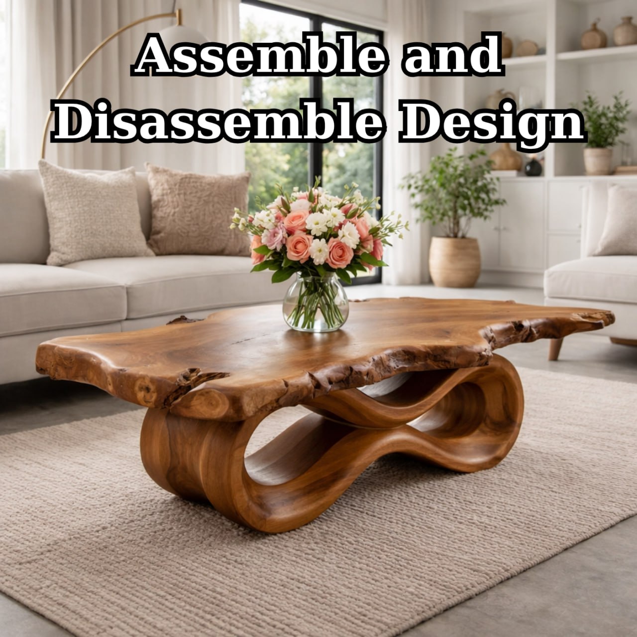 Solid Wood Live Edge Coffee Table with Sculptural Wave Base and Organic Design