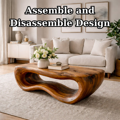 Solid Wood Coffee Table with Sculptural Wave Base and Organic Hand-Carved Design