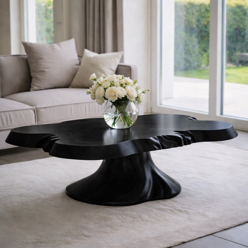 Solid Wood Live Edge Coffee Table with Sculptural Pedestal Base and Organic Form