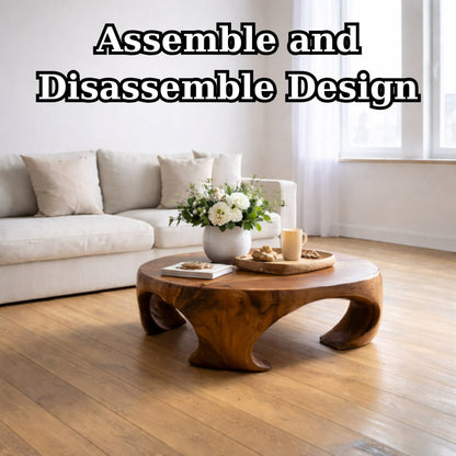 Solid Wood Round Coffee Table with Sculptural Curved Base and Organic Design