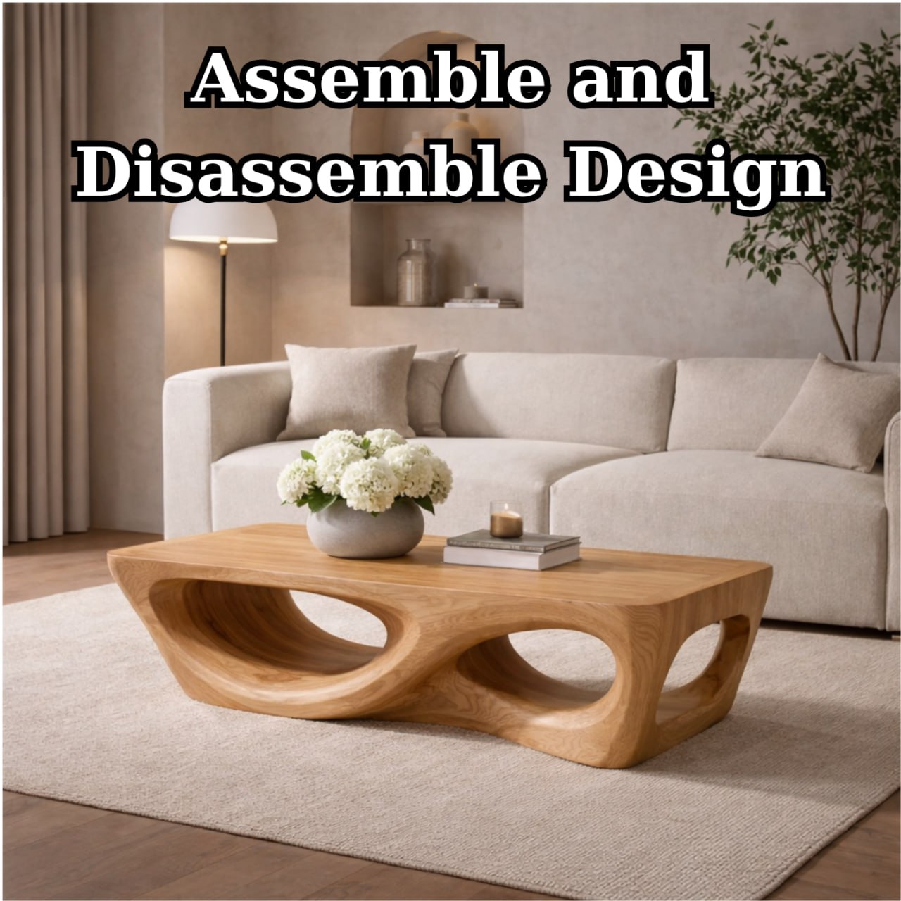 Solid Wood Coffee Table with Sculptural Hollow Base and Organic Curved Design