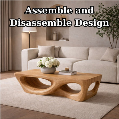 Solid Wood Coffee Table with Sculptural Hollow Base and Organic Curved Design