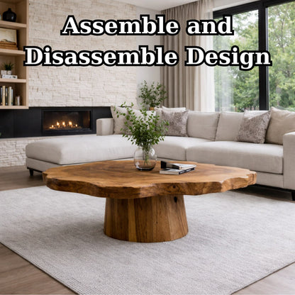 Solid Wood Live Edge Coffee Table with Round Pedestal Base and Natural Grain