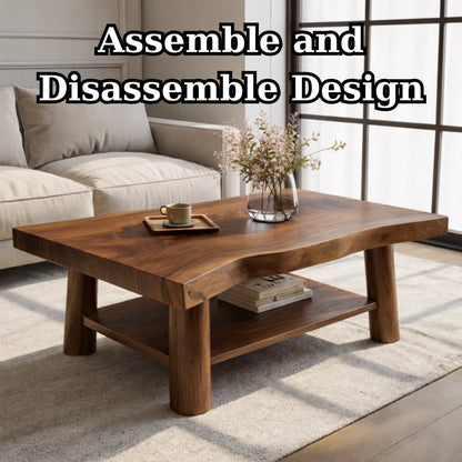 Solid Wood Coffee Table with Lower Shelf and Curved Edge Top Design
