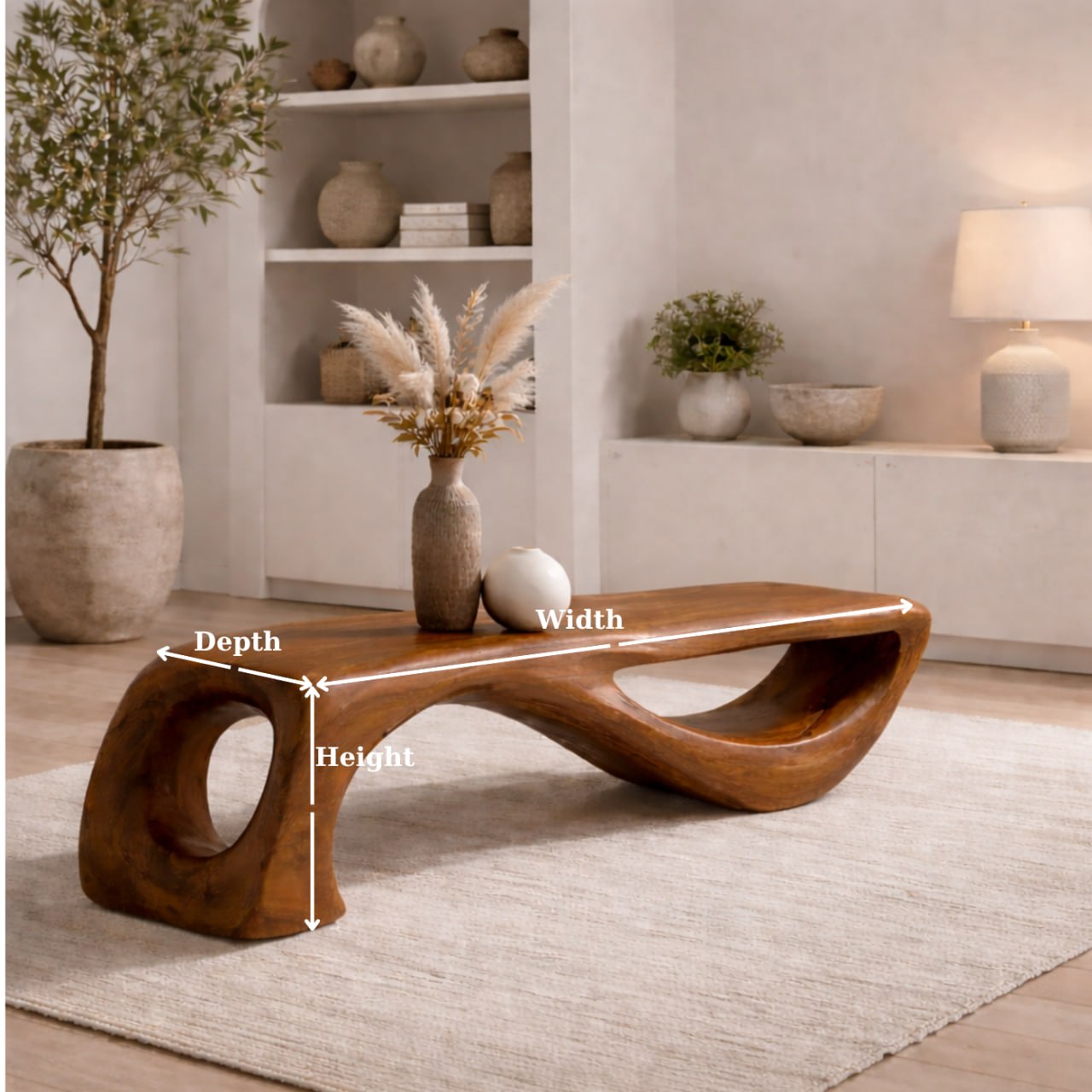 Solid Wood Sculptural Bench with Organic Curved Base and Hand-Carved Flowing Design