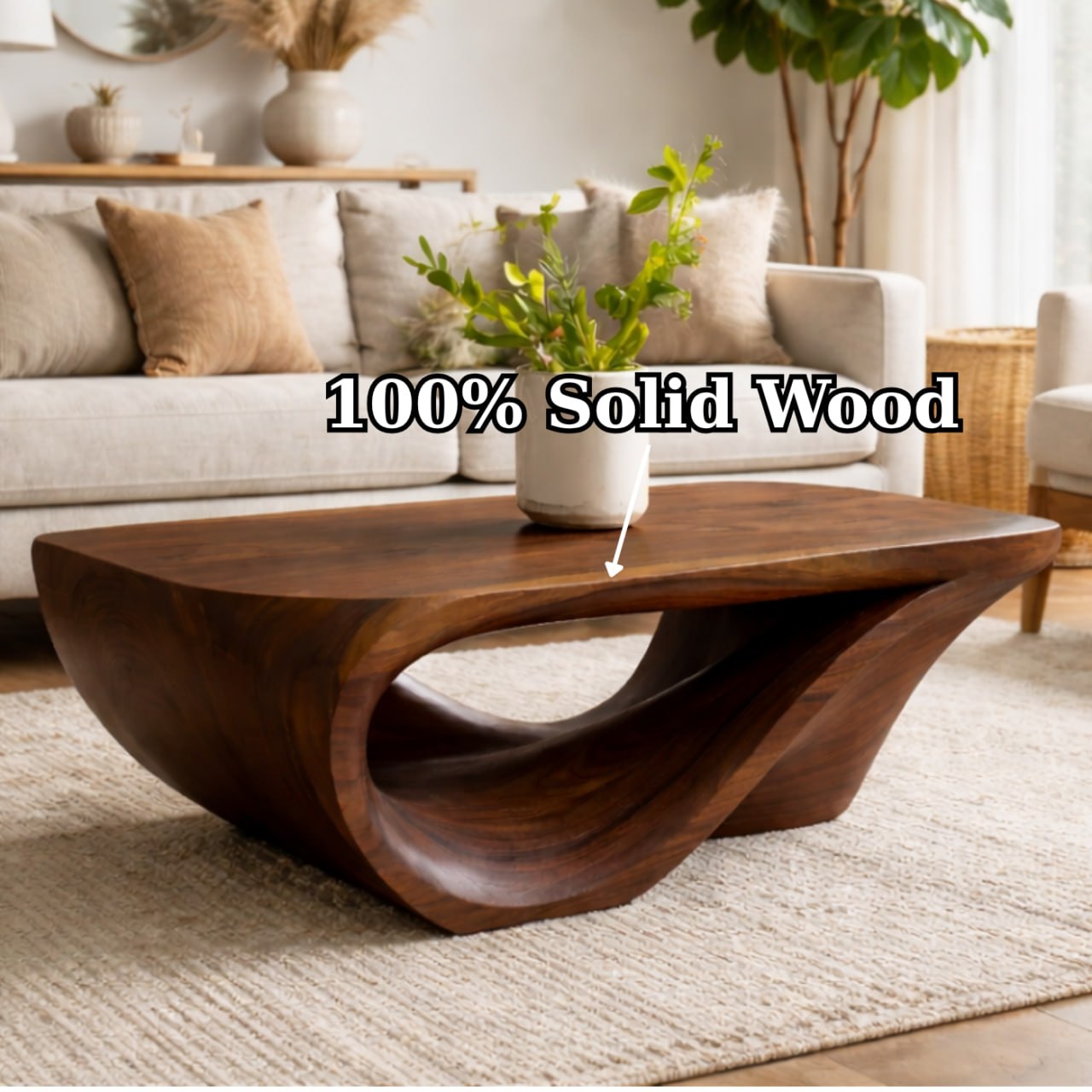 Solid Wood Coffee Table with Sculptural Organic Base and Hand-Carved Curved Design