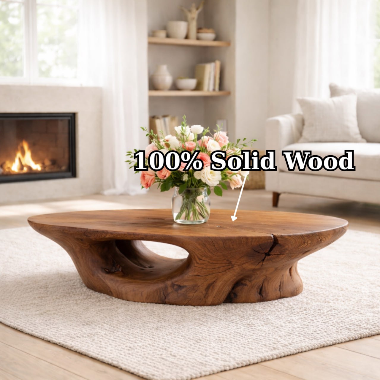 Solid Wood Coffee Table with Organic Sculpted Base and Natural Rustic Form