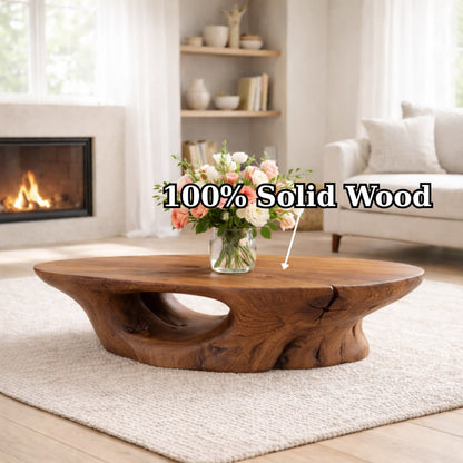 Solid Wood Coffee Table with Organic Sculpted Base and Natural Rustic Form