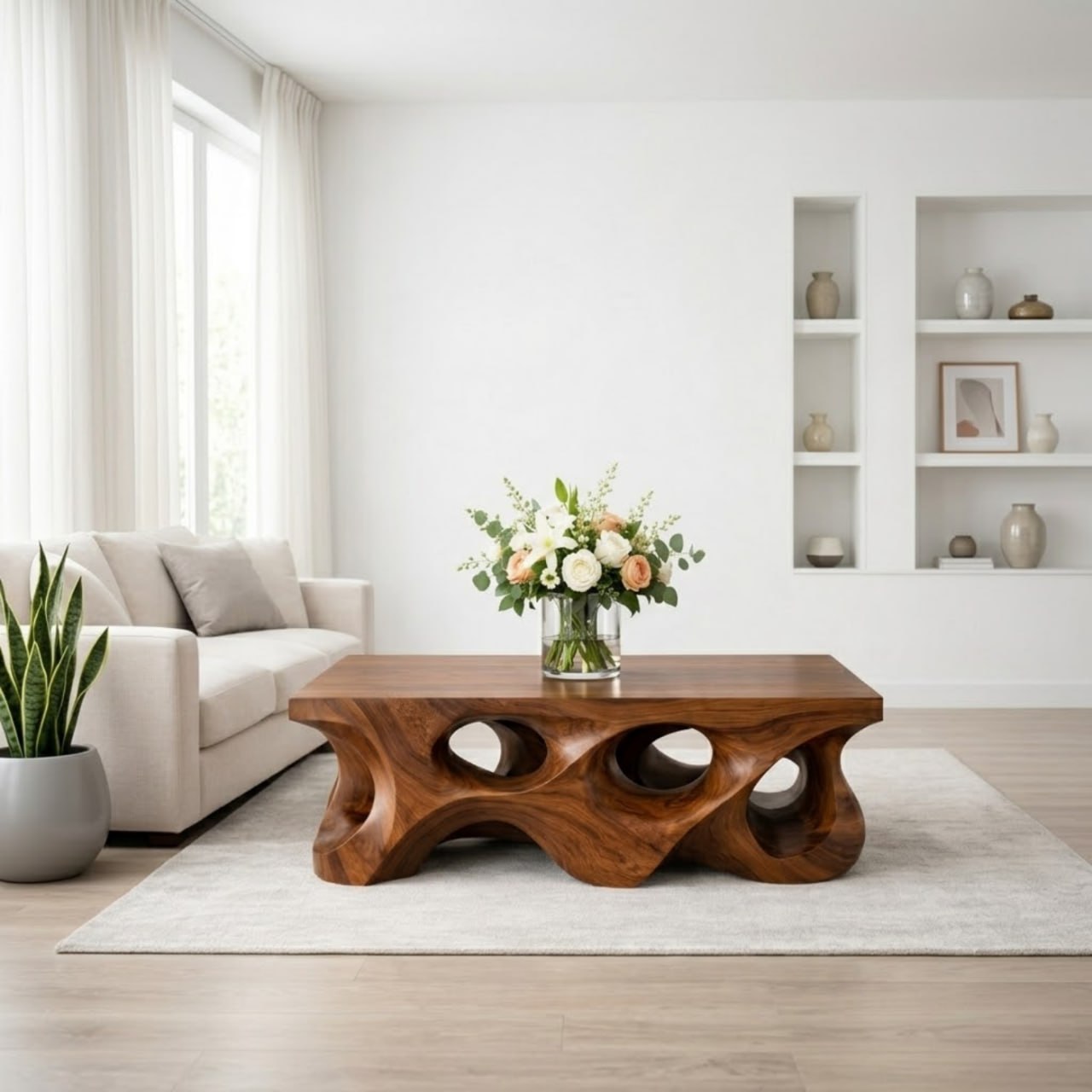 Solid Wood Coffee Table with Sculptural Hollow Base and Organic Carved Design
