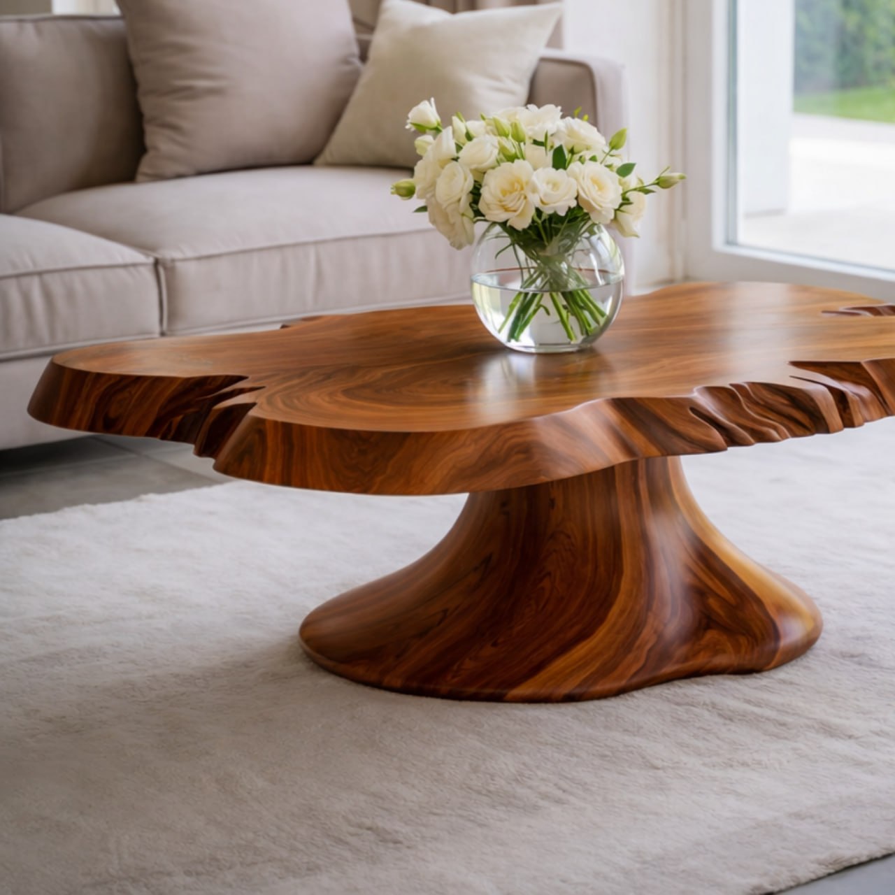 Solid Wood Live Edge Coffee Table with Sculptural Pedestal Base and Organic Form