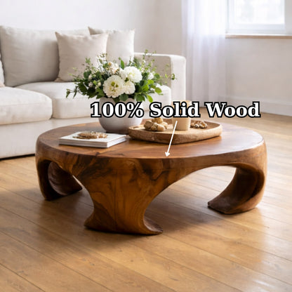 Solid Wood Round Coffee Table with Sculptural Curved Base and Organic Design