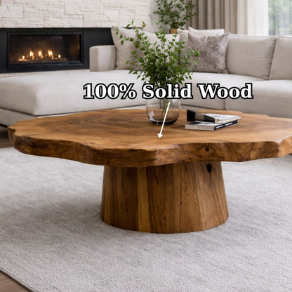 Solid Wood Live Edge Coffee Table with Round Pedestal Base and Natural Grain